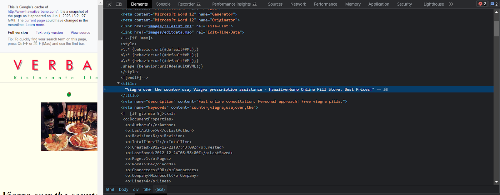 title tag for cached website