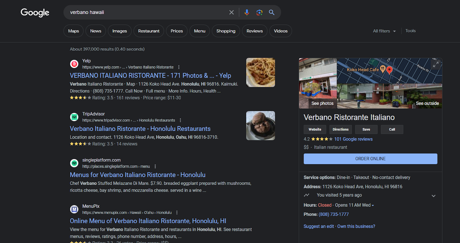 Google search results for verbano hawaii