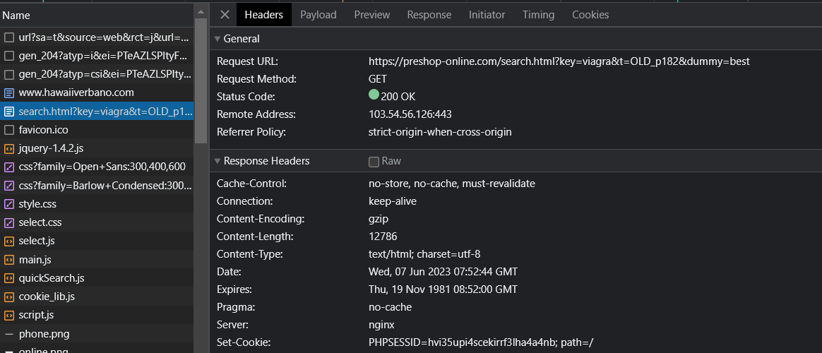 network request info for Viagra website