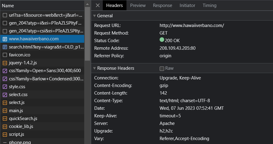 network request info for Verbano website